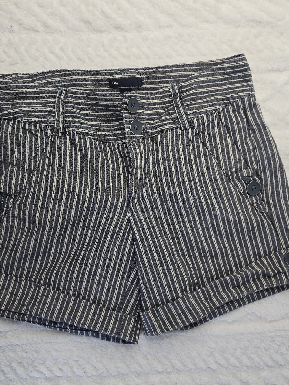 Gap Linen Blend Shorts Blue White Stripe Low Rise Cuffed Nautical Sailor 0
